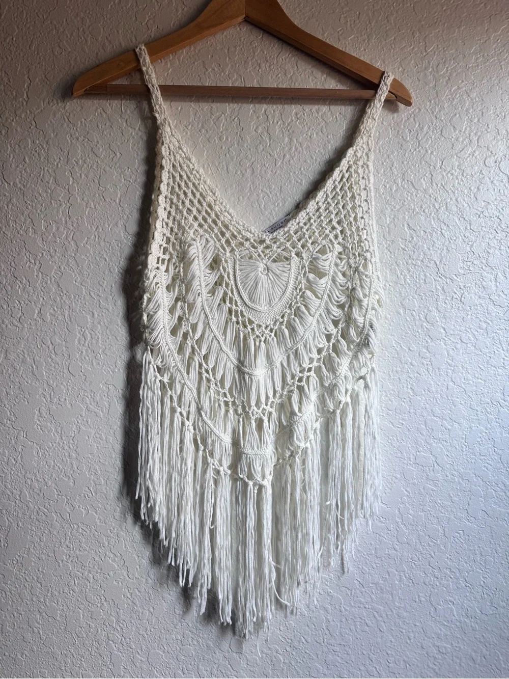 Ekouaer White Open-Weave Crochet Fringe V-Neck Bikini Cover Up Tank Top - Small